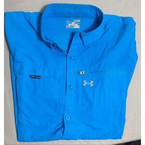 Under Armour Shirt Mens XL Blue Button Down Zip Pocket Vented Heat Gear